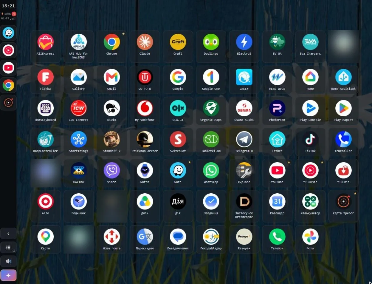 The ATTD app menu on the car screen: dozens of regular Android apps